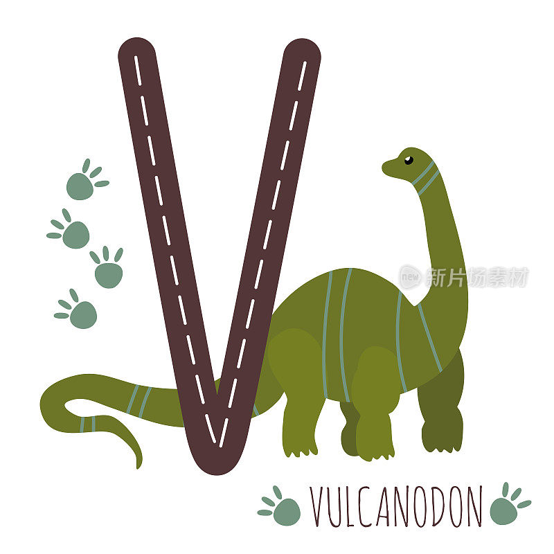 Vulcanodon. Letter V with reptile name.Hand drawn cute  dinosaur.Educational prehistoric illustration.Dino alphabet.Sketch Jurassic herbivores animal.